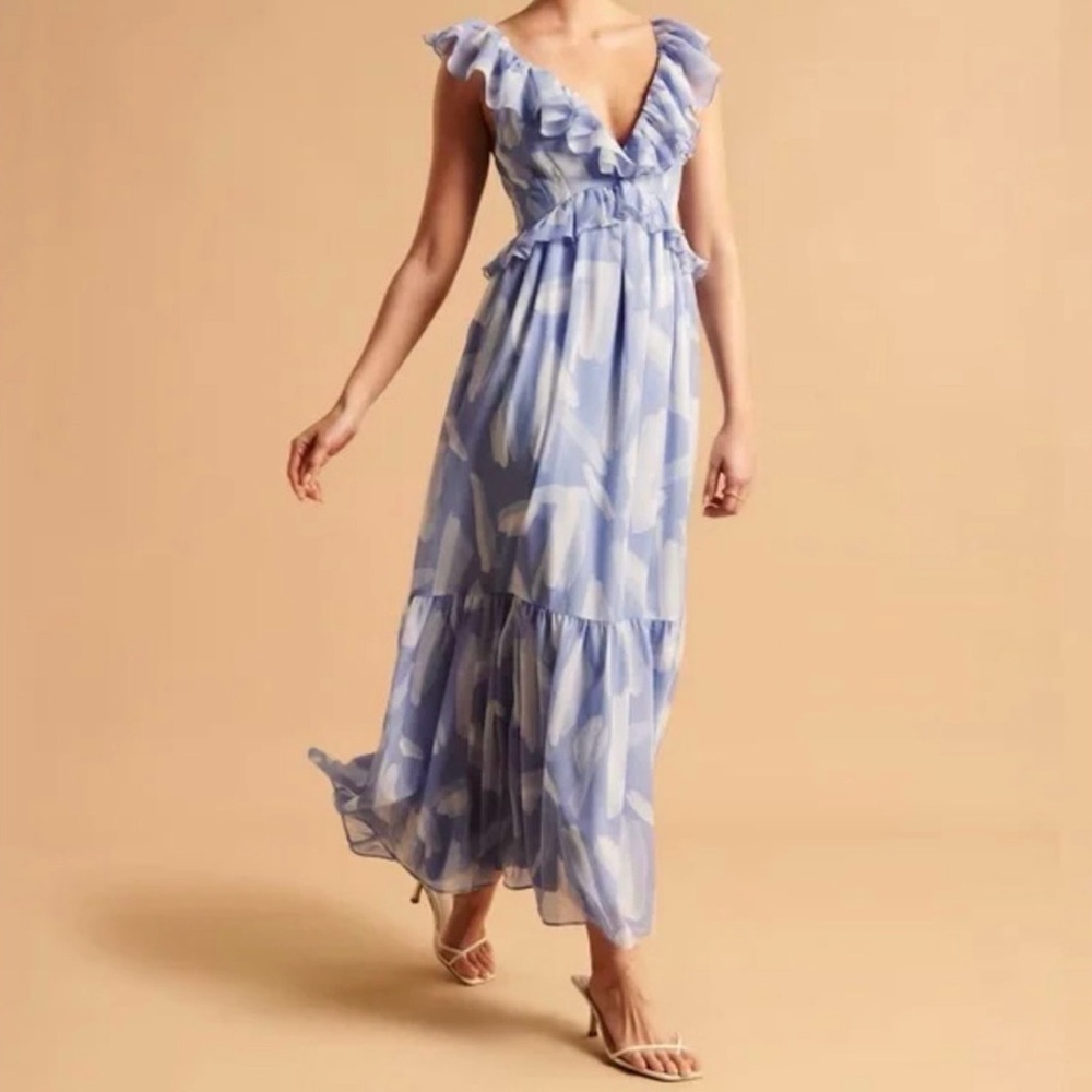 NWT Abercrombie & Fitch Drama Ruffle Maxi Dress Light Blue Sz. SP Kentucky Derby